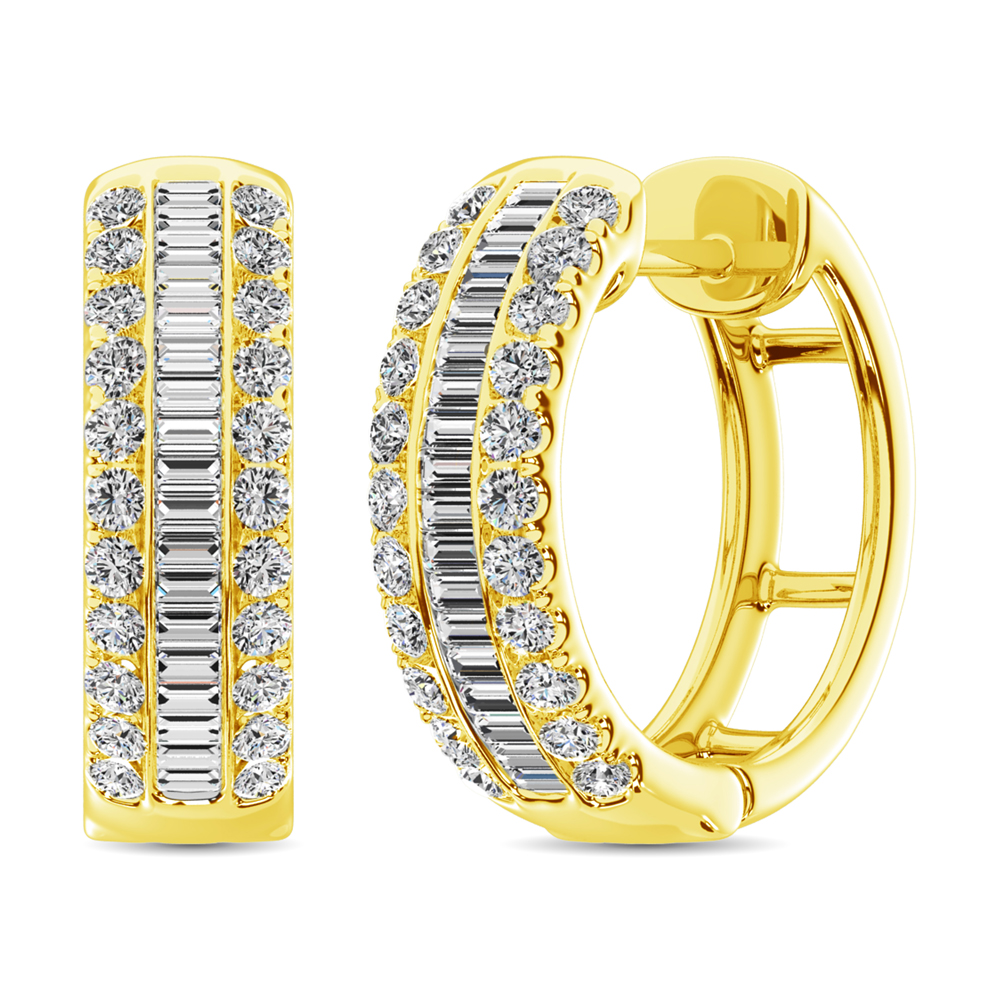14K Yellow Gold Round and Baguette Diamond 1/2 Ct.Tw. Hoop Earrings - Image 1