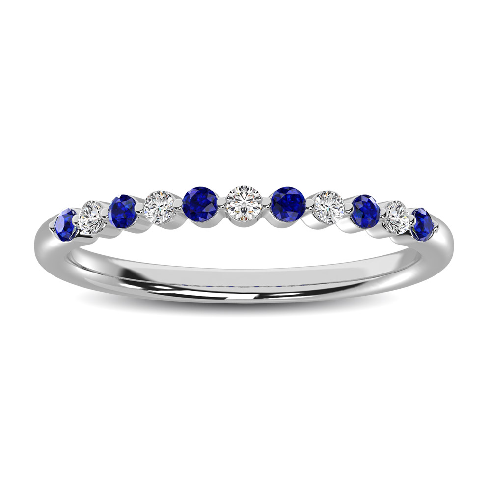 14K White Gold Alternate Diamond 1/4 Ctw and Blue Saphire Ring - Image 1
