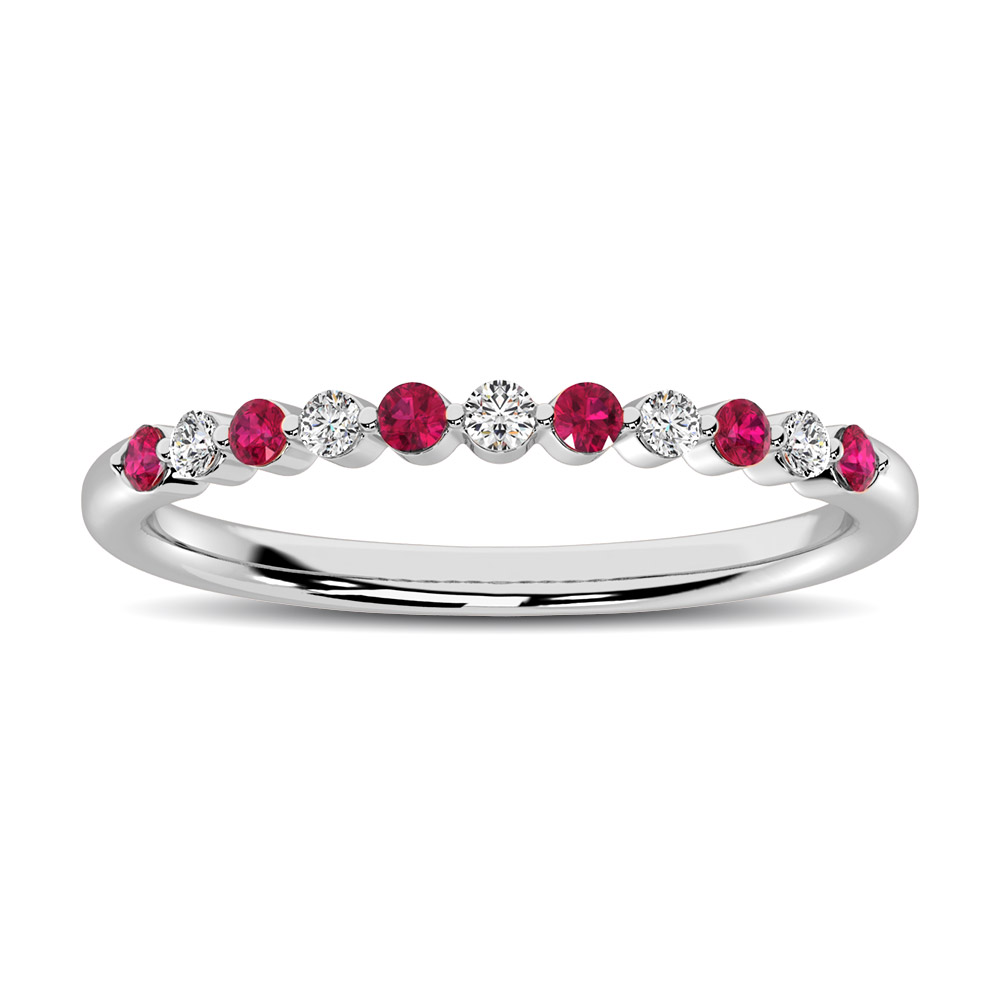 14K White Gold Alternate Diamond 1/4 Ctw and Ruby Ring - Image 1