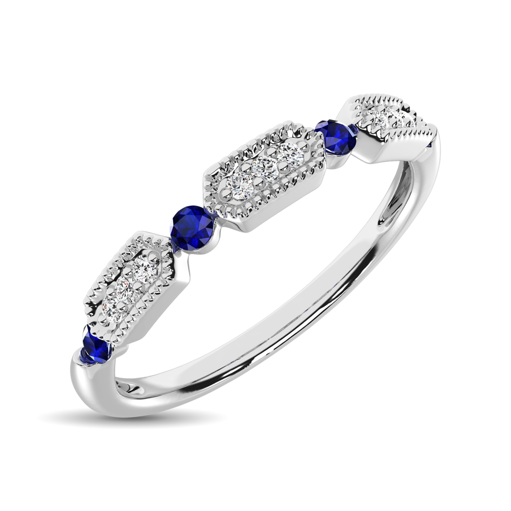 14K White Gold Alternate Diamond 1/5 Ctw and Blue Saphire Ring - Image 1
