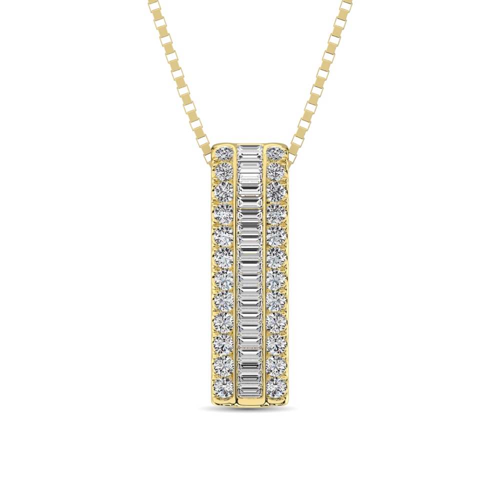 14K Yellow Gold Round and Baguette Diamond 1/3 Ct.Tw. Drop Bar Pendant - Image 1