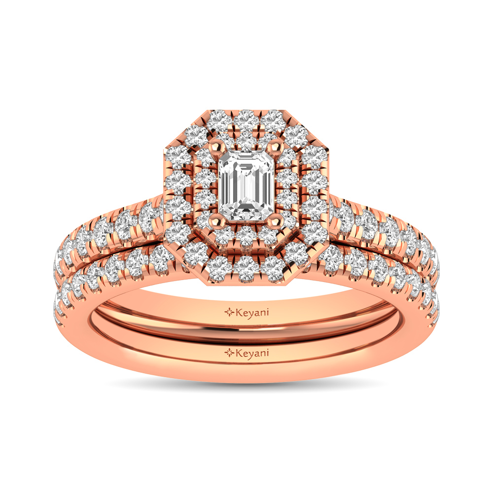 Diamond Classic Shank Double Halo Bridal Ring 1 ct tw Emerald Cut in 14K Rose Gold - Image 1