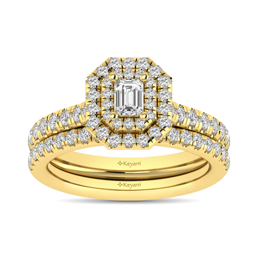 Diamond Classic Shank Double Halo Bridal Ring 1 ct tw Emerald Cut in 14K Yellow Gold - Image 1