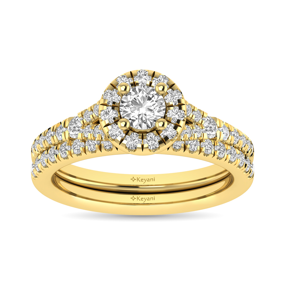 Diamond Split Shank Single Halo Bridal Ring 1 ct tw Round Cut in 14K Yellow Gold - Image 1
