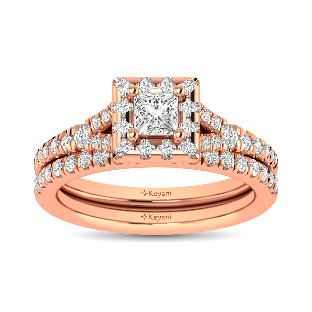 Diamond Split Shank Single Halo Bridal Ring 1 ct tw Princess Cut in 14K Rose Gold - Image 1