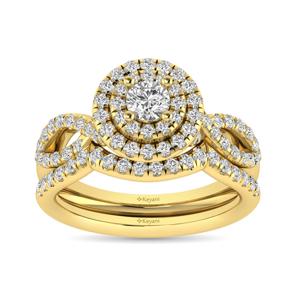 Diamond Twist Shank Double Halo Bridal Ring 3/4 ct tw Round Cut in 14K Yellow Gold - Image 1