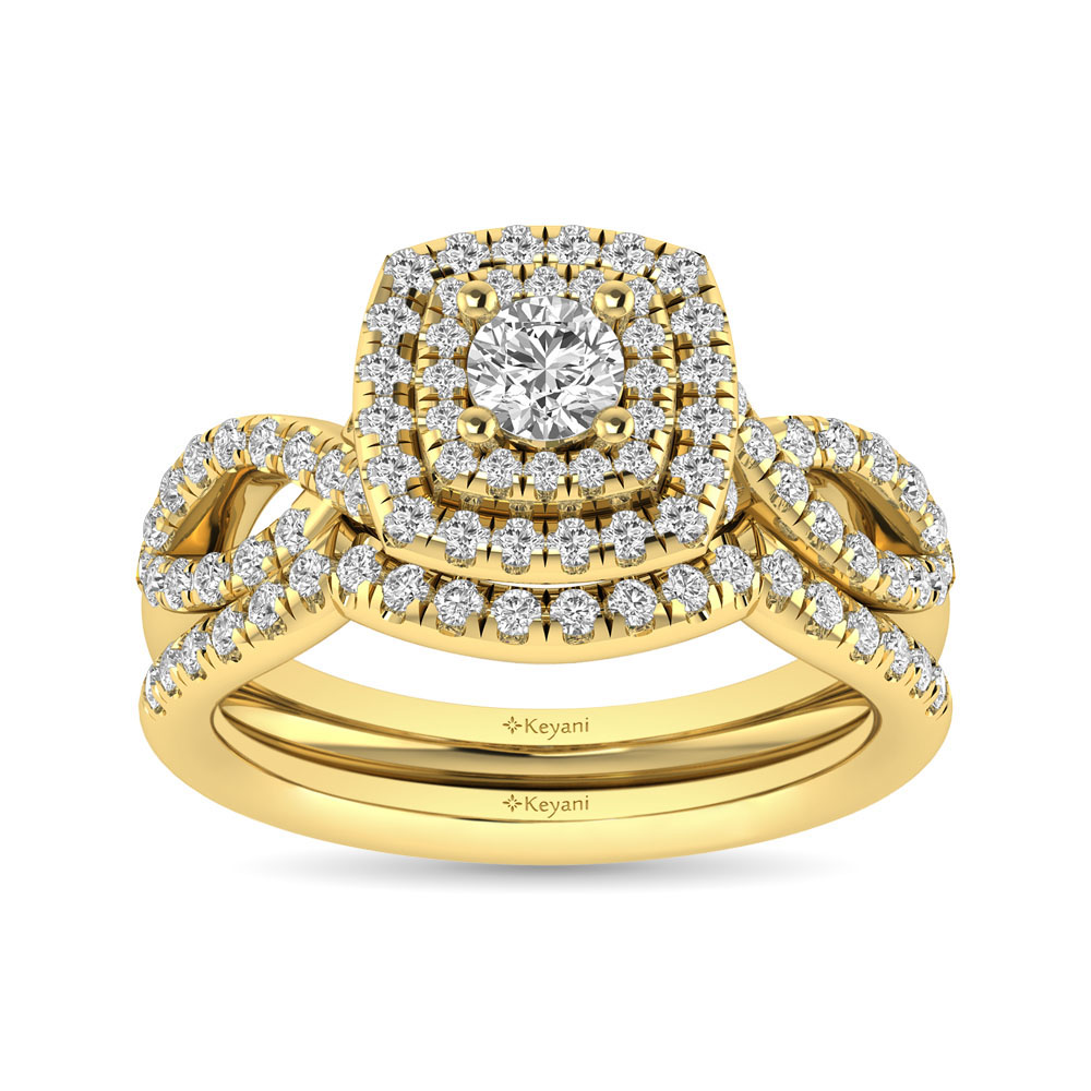 Diamond Twist Shank Double Halo Bridal Ring 3/4 ct tw Round Cut in 14K Yellow Gold - Image 1