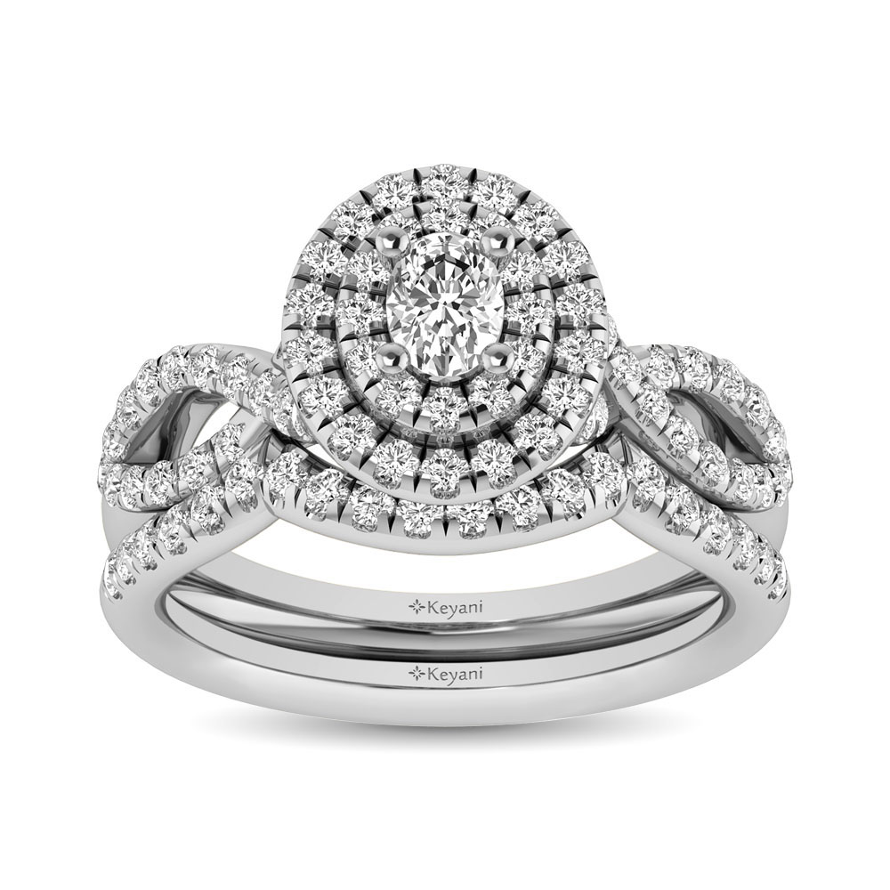 Diamond Twist Shank Double Halo Bridal Ring 3/4 ct tw Oval Cut in 14K White Gold - Image 1