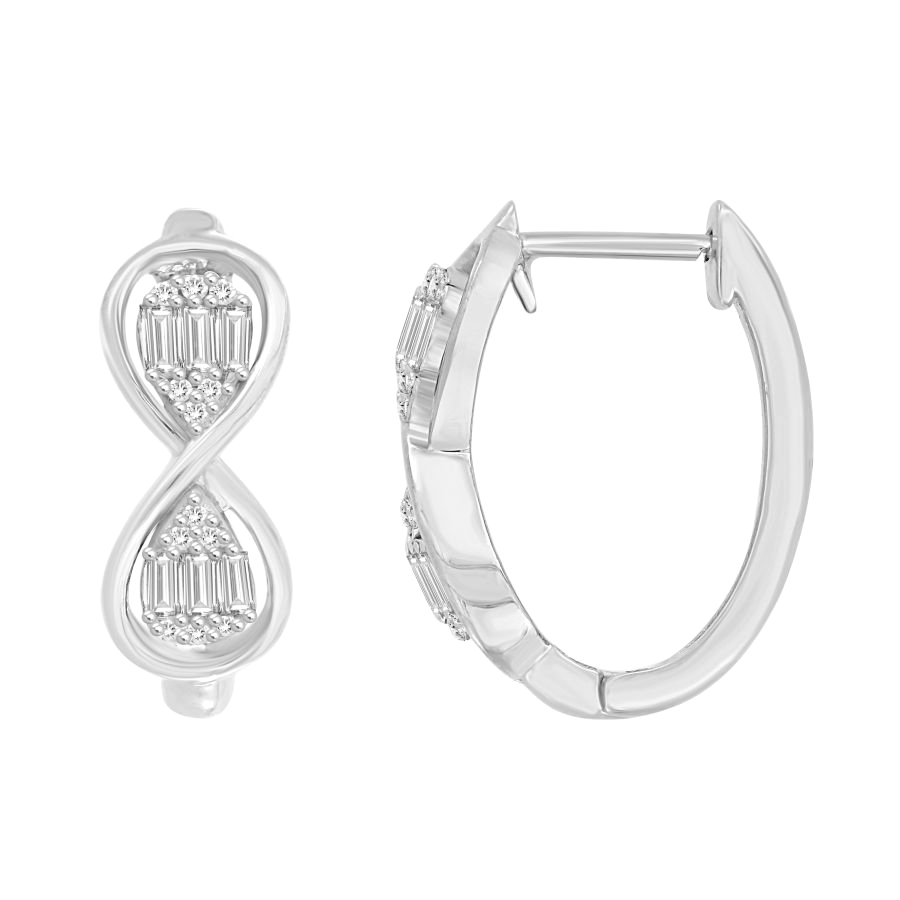 LADIES HOOP EARRINGS 0.25CT ROUND/BAGUETTE DIAMOND 10K WHITE GOLD - Image 1