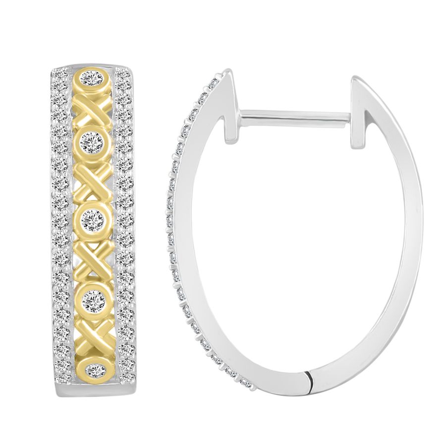 LADIES HOOP EARRINGS 0.50CT ROUND DIAMOND 10K WHITE/YELLOW GOLD - Image 1