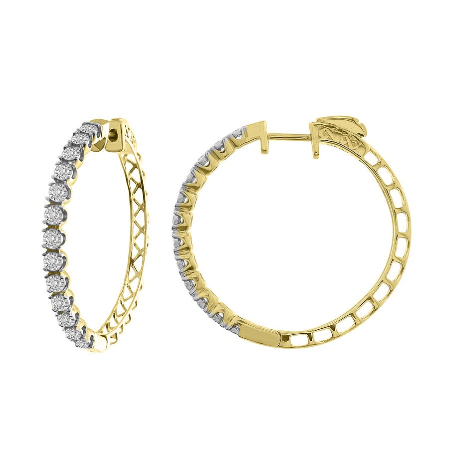 LADIES HOOP EARRINGS 1.00CT ROUND DIAMOND 10K YELLOW GOLD - Image 1