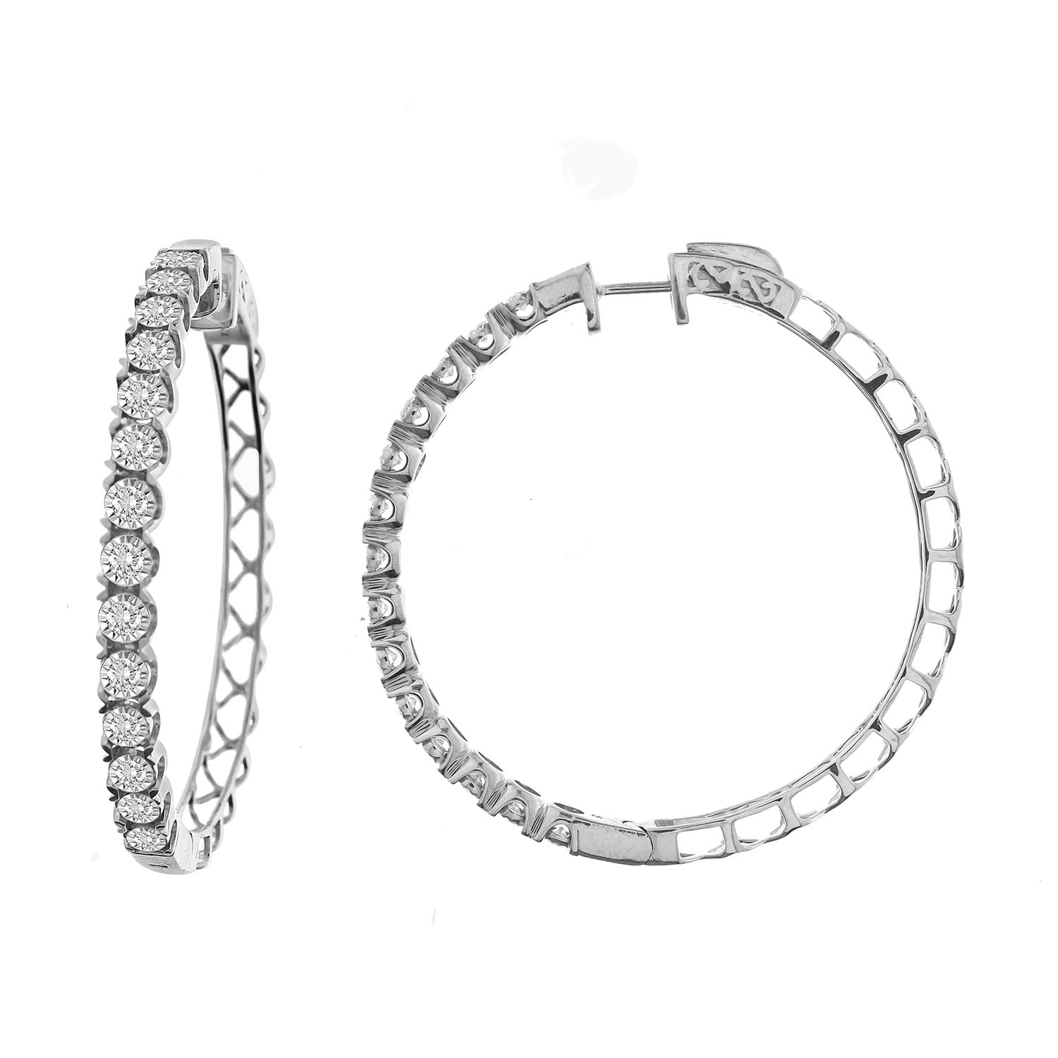 LADIES HOOP EARRINGS 1.50CT ROUND DIAMOND 10K WHITE GOLD - Image 1