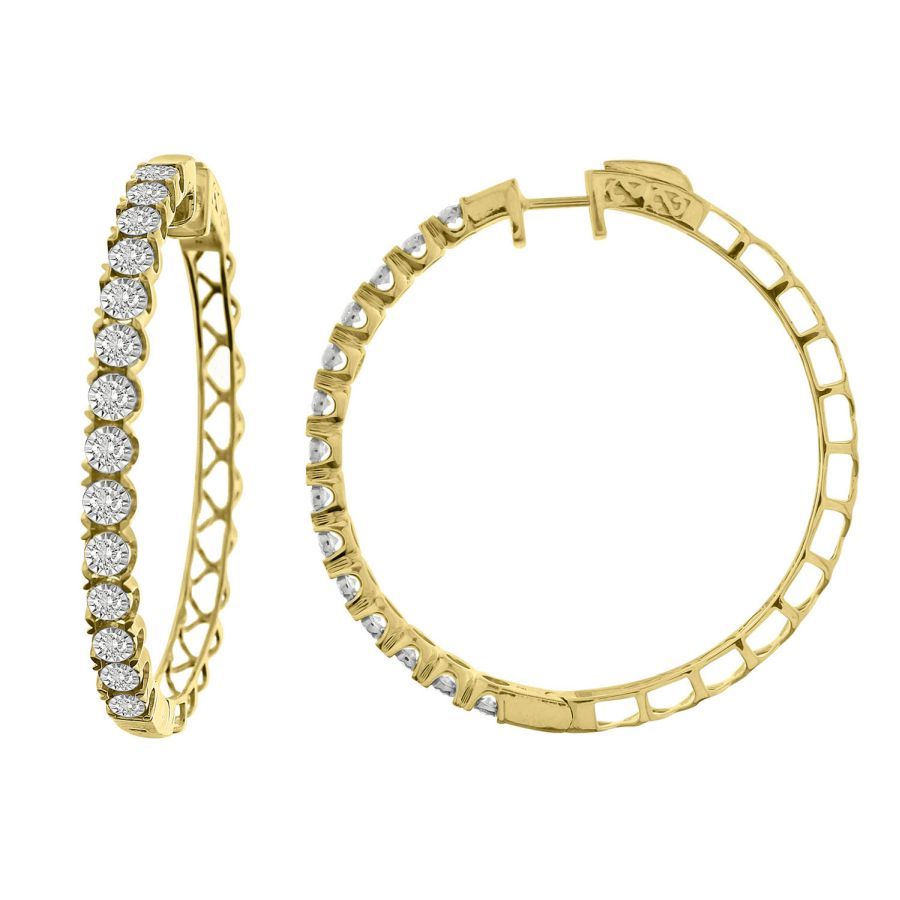 LADIES HOOP EARRINGS 1.50CT ROUND DIAMOND 10K YELLOW GOLD - Image 1