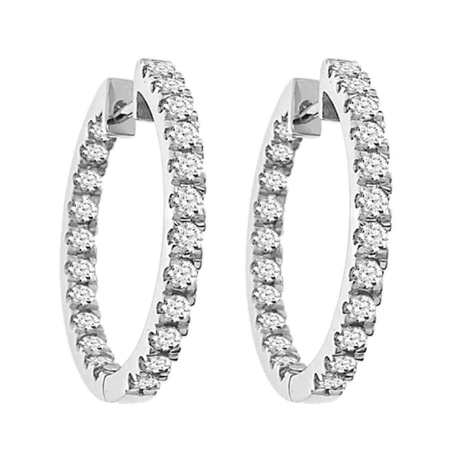 LADIES HOOP EARRINGS 1.50CT ROUND DIAMOND 14K WHITE GOLD (SI QUALITY) - Image 1