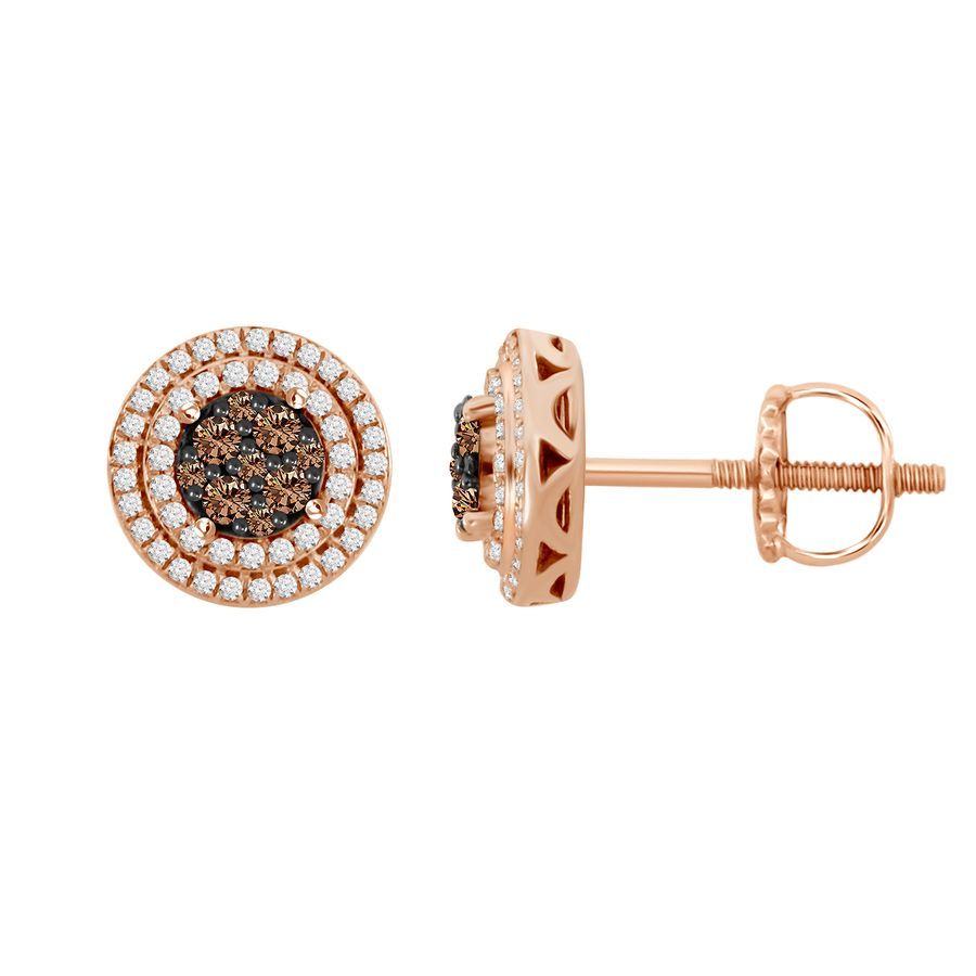 LADIES EARRINGS 0.50CT ROUND DARK BROWN DIAMOND 10K ROSE GOLD - Image 1