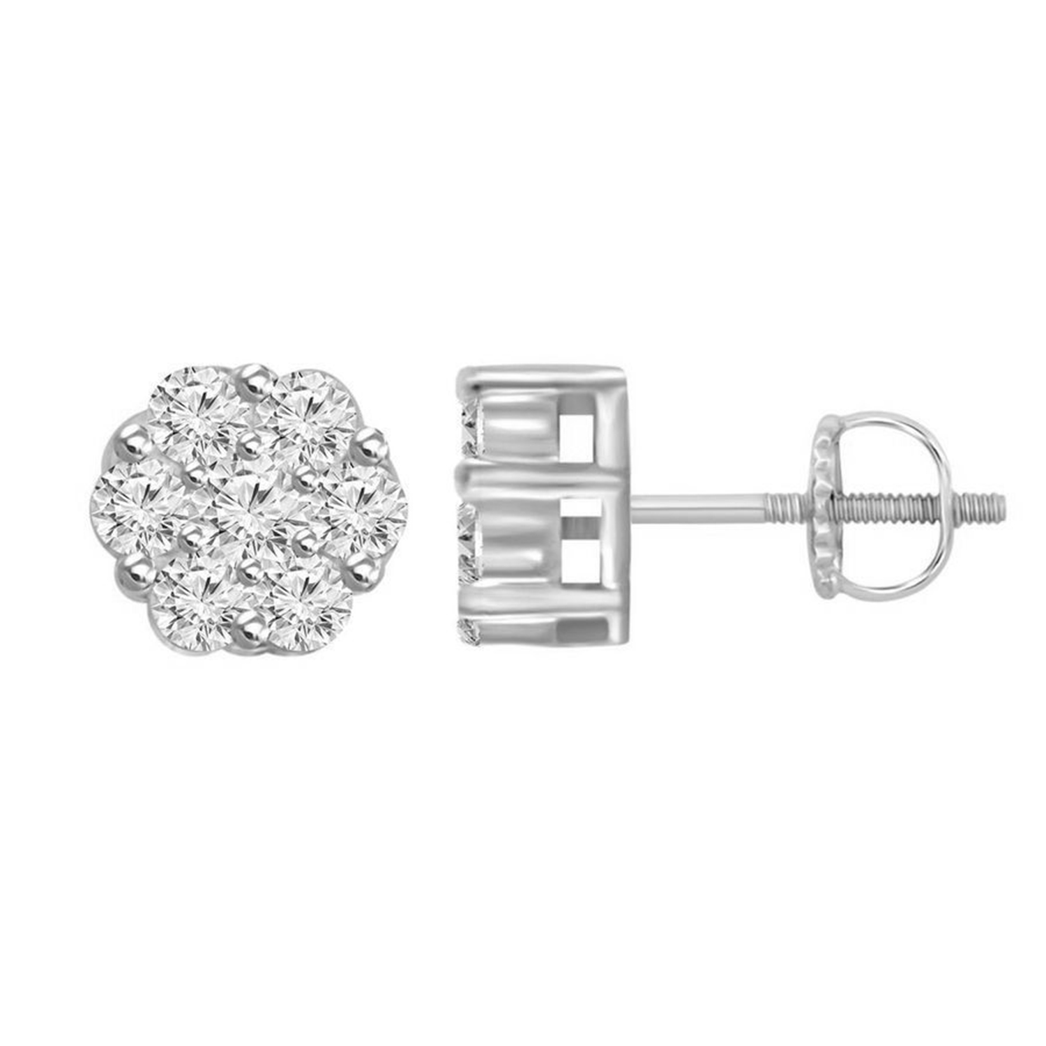 LADIES FLOWER EARRINGS 0.15CT ROUND DIAMOND 14K WHITE GOLD - Image 1