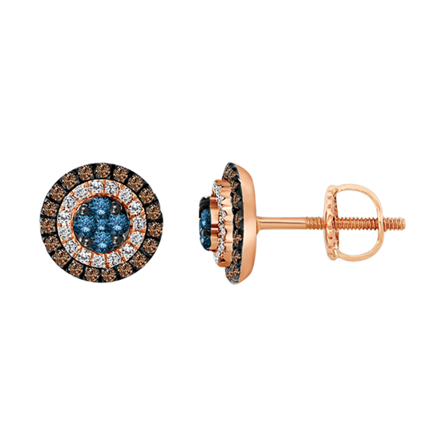 LADIES EARRINGS 1.00CT ROUND/BLUE SAPPHIRE/DARK BROWN DIAMOND 14K ROSE GOLD - Image 1