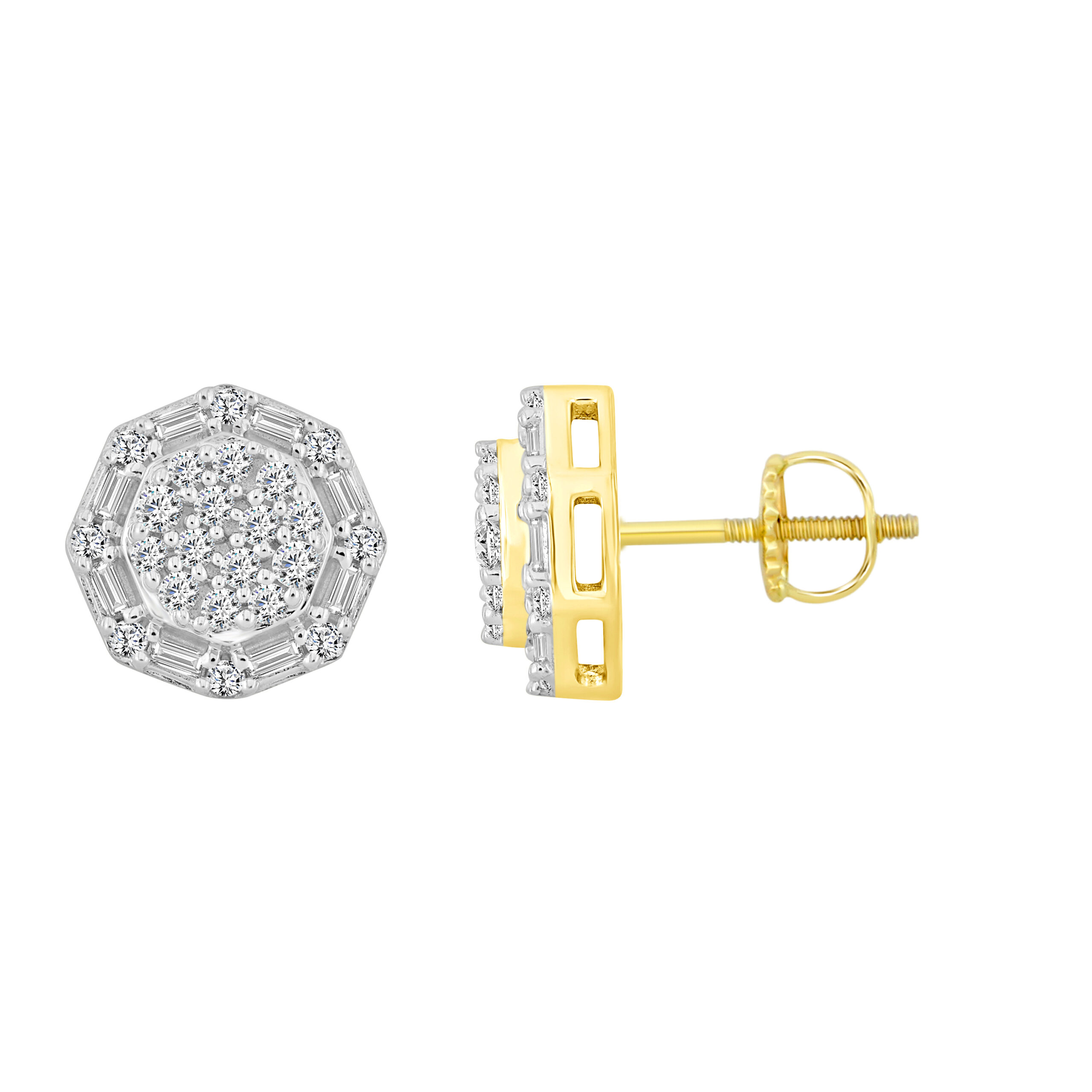 LADIES EARRINGS 0.50CT ROUND/BAGUETTE DIAMOND 10K YELLOW GOLD - Image 1