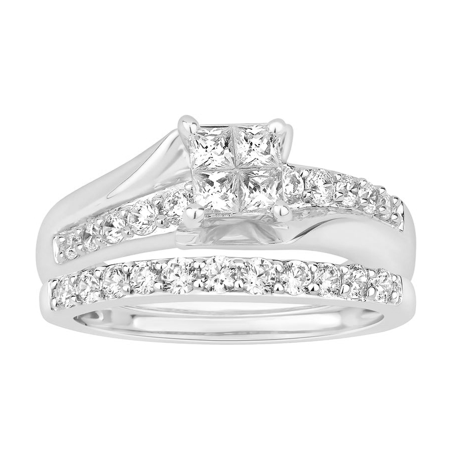 LADIES BRIDAL SET 1.00CT ROUND/PRINCESS DIAMOND 14K WHITE GOLD - Image 1