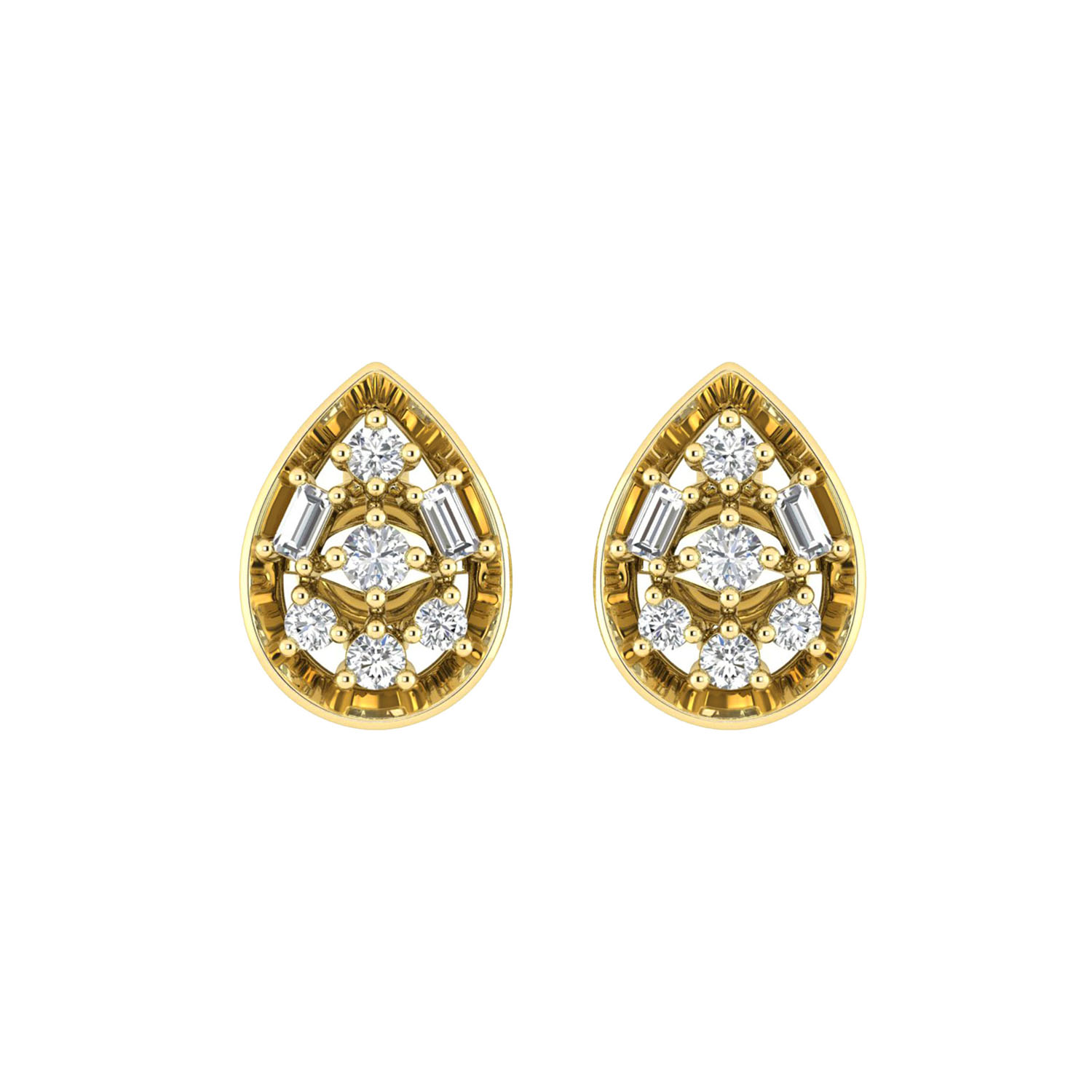 LADIES EARRINGS 0.20CT ROUND/BAGUETTE DIAMOND 10K YELLOW GOLD - Image 1