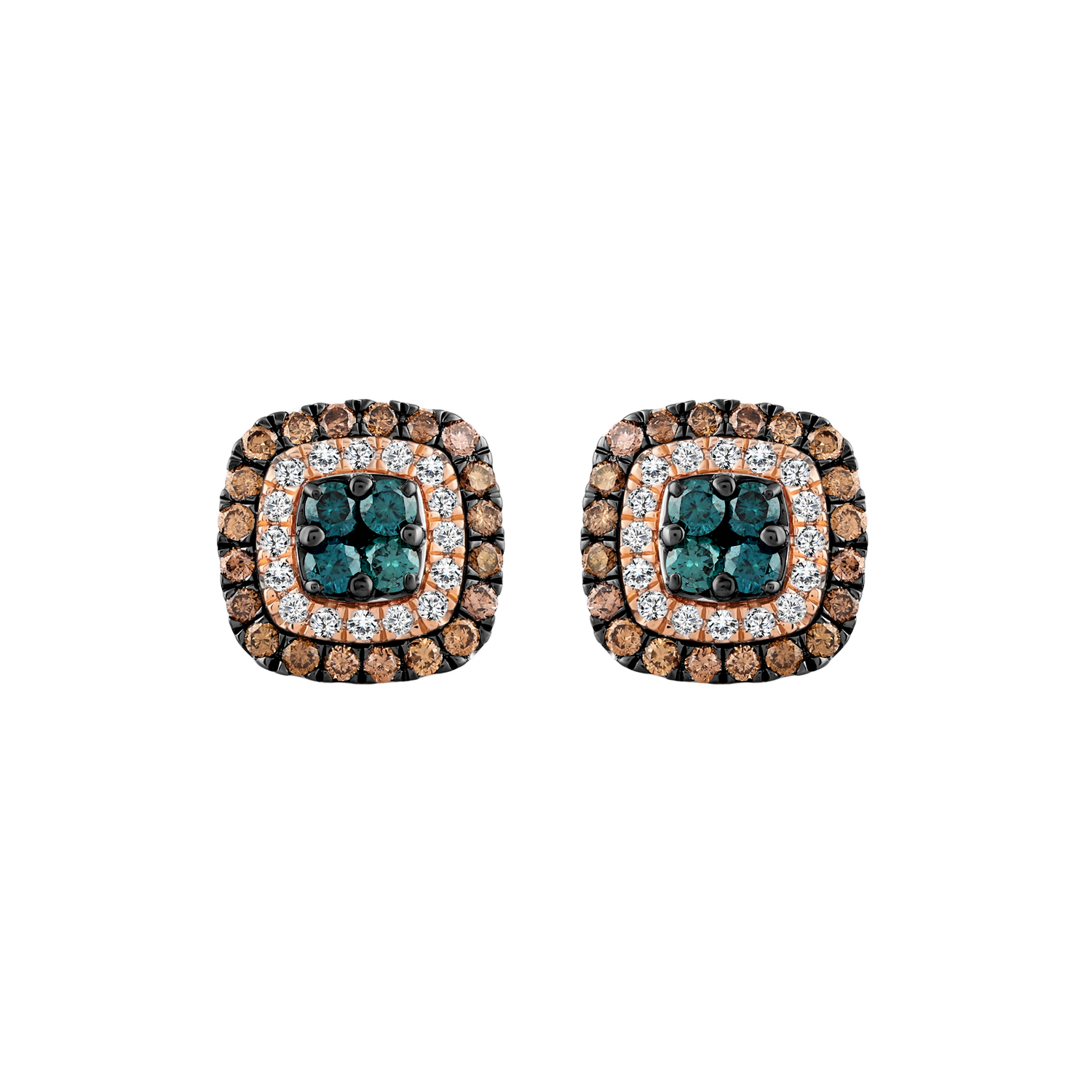 LADIES EARRINGS 1.00CT ROUND/DARK BROWN/BLUE DIAMOND 14K ROSE GOLD - Image 1