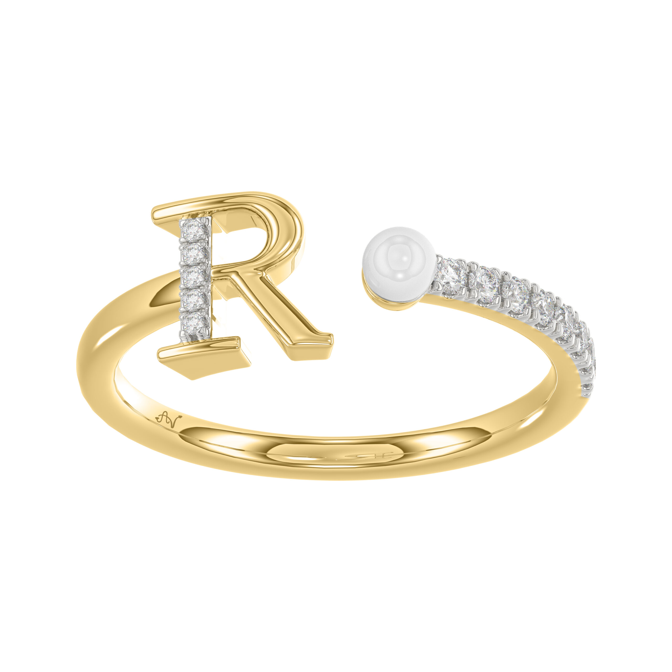 Stylish 10K Yellow Gold Ladies Ring Featuring Letter “R”, Luminous Pearl, And Round Diamond Accents. A Delicate 0.10Ct Fine Jewelry Piece. - Image 1
