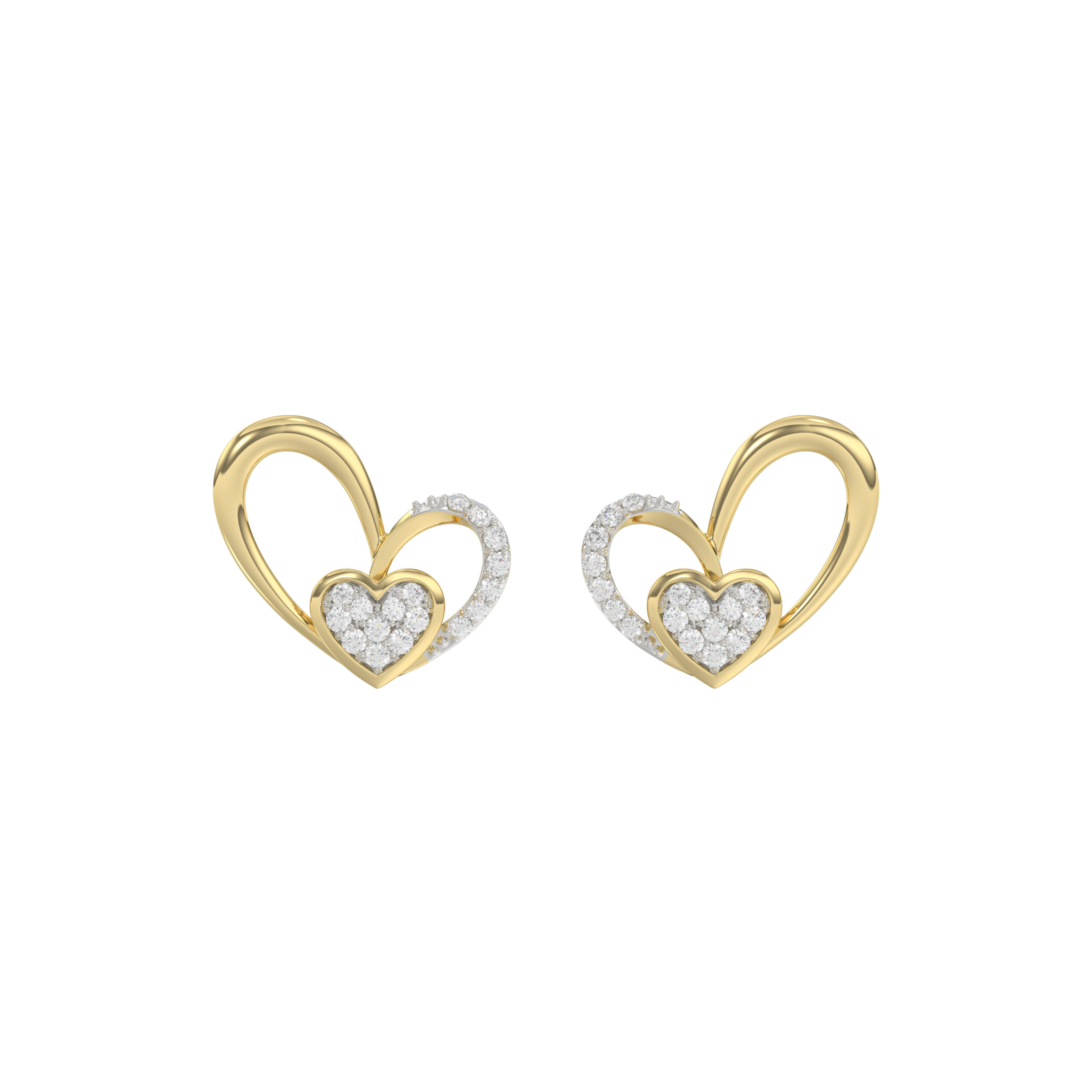 Elegant 10K Yellow Gold Fashion Earrings Featuring A Double Heart Design With 0.15 Ct Round Diamonds. A Romantic And Stylish Ladies Jewelry - Image 1