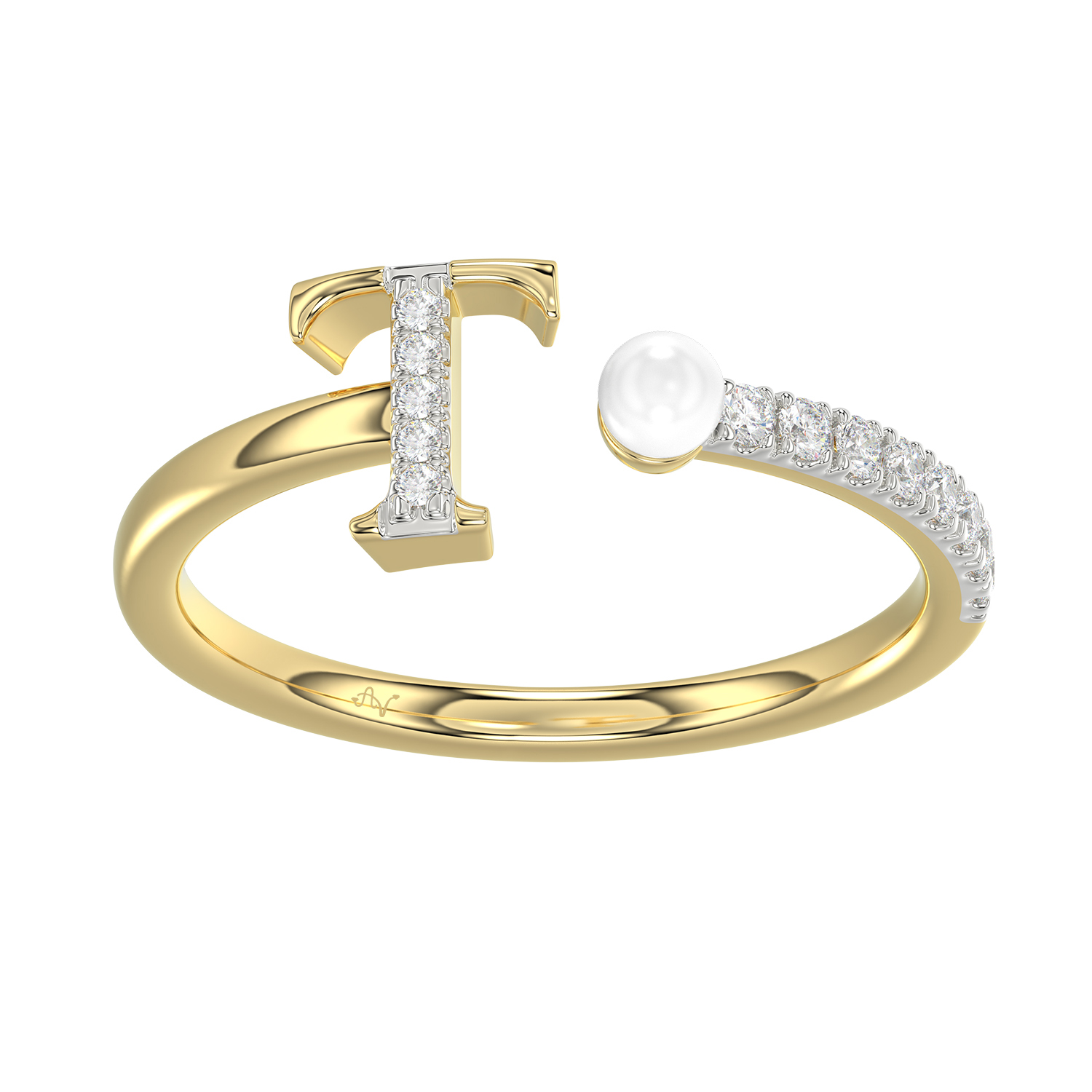 Women�S 10K Yellow Gold Letter �T� Diamond & Pearl Ring 0.10Ct Round Diamond Fine Jewelry - Image 1