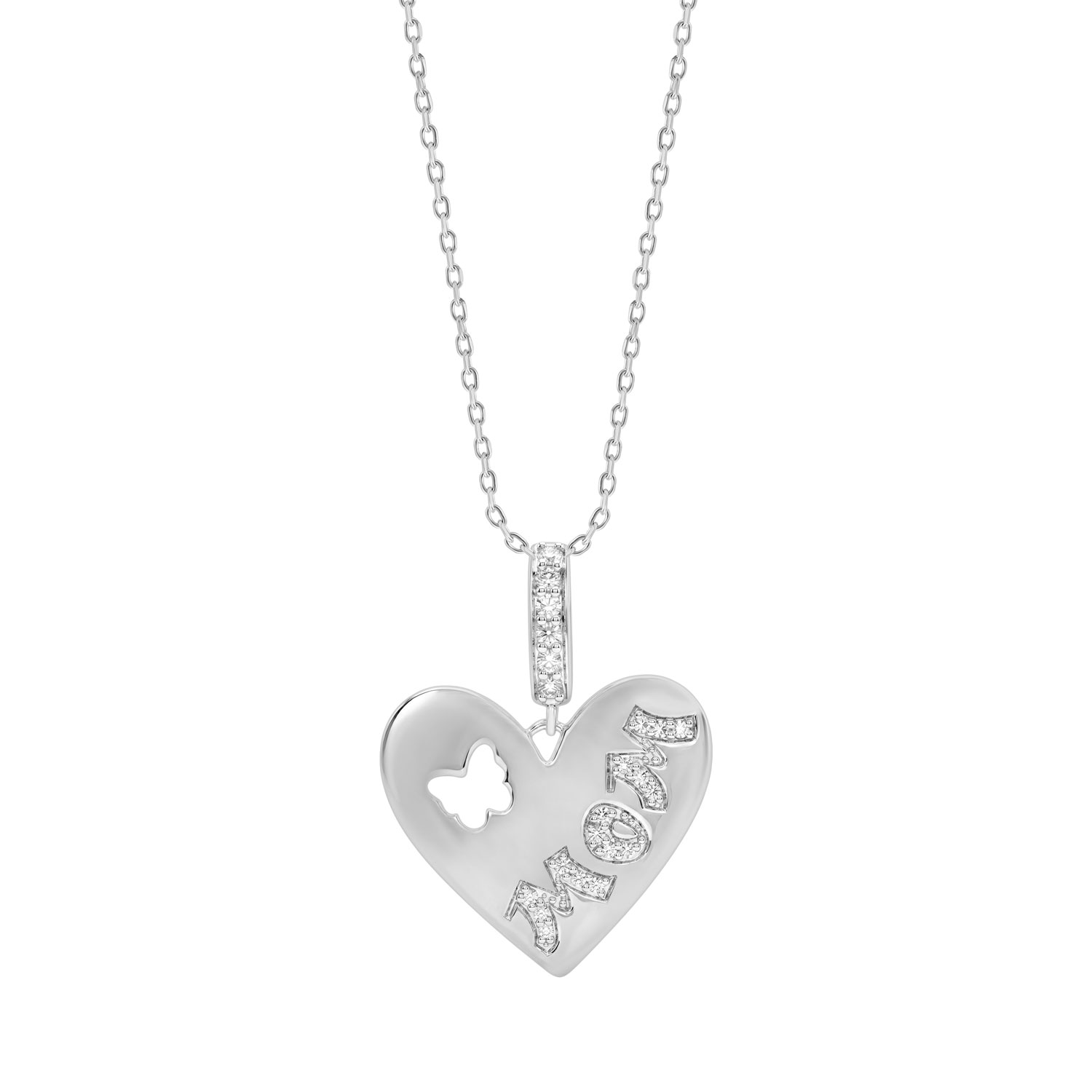 Mom Heart Pendant With Chain For Women 0.10Ct Round Diamond Yellow Gold Finish Butterfly Design Pendant - Image 1