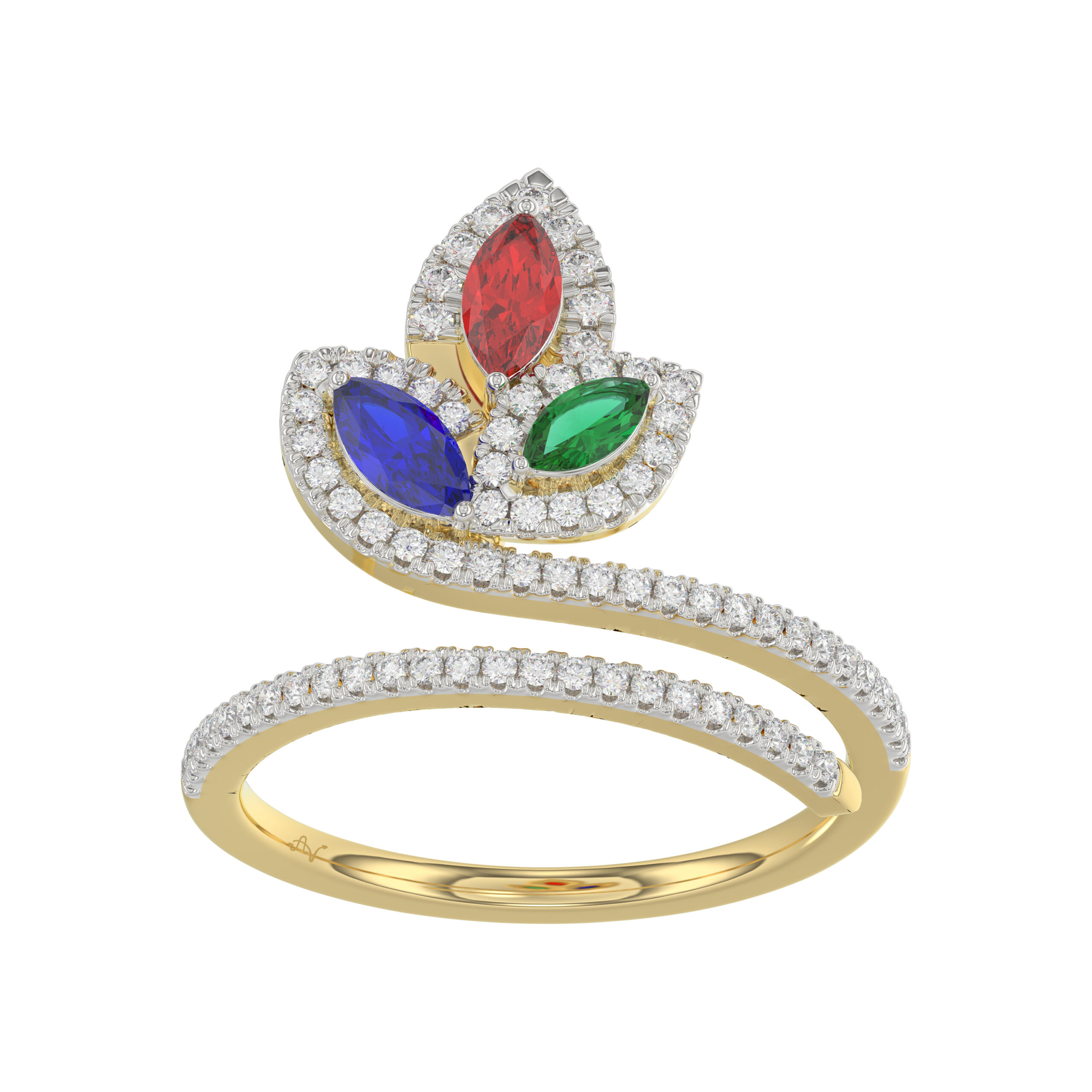 Elegant Multi-Stone 14K Yellow Gold 0.75Ct Ladies Ring With Ruby, Sapphire, Emerald, And Marquise Diamonds. A Classic And Colorful Luxury Jewelry Piec - Image 1