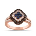 Elegant 14K Rose Gold 0.75CT Round Diamond Halo Ring With Brown & Blue Diamonds For Women