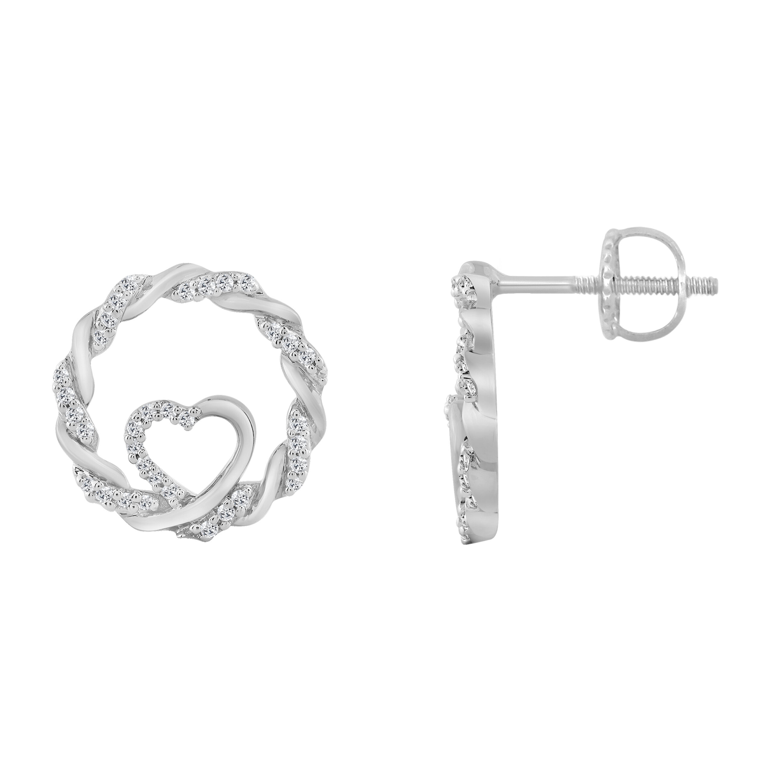 LADIES 10K WHITE GOLD 0.15CT TWISTED CIRCLE ROUND DIAMOND HEART EARRINGS - Image 1
