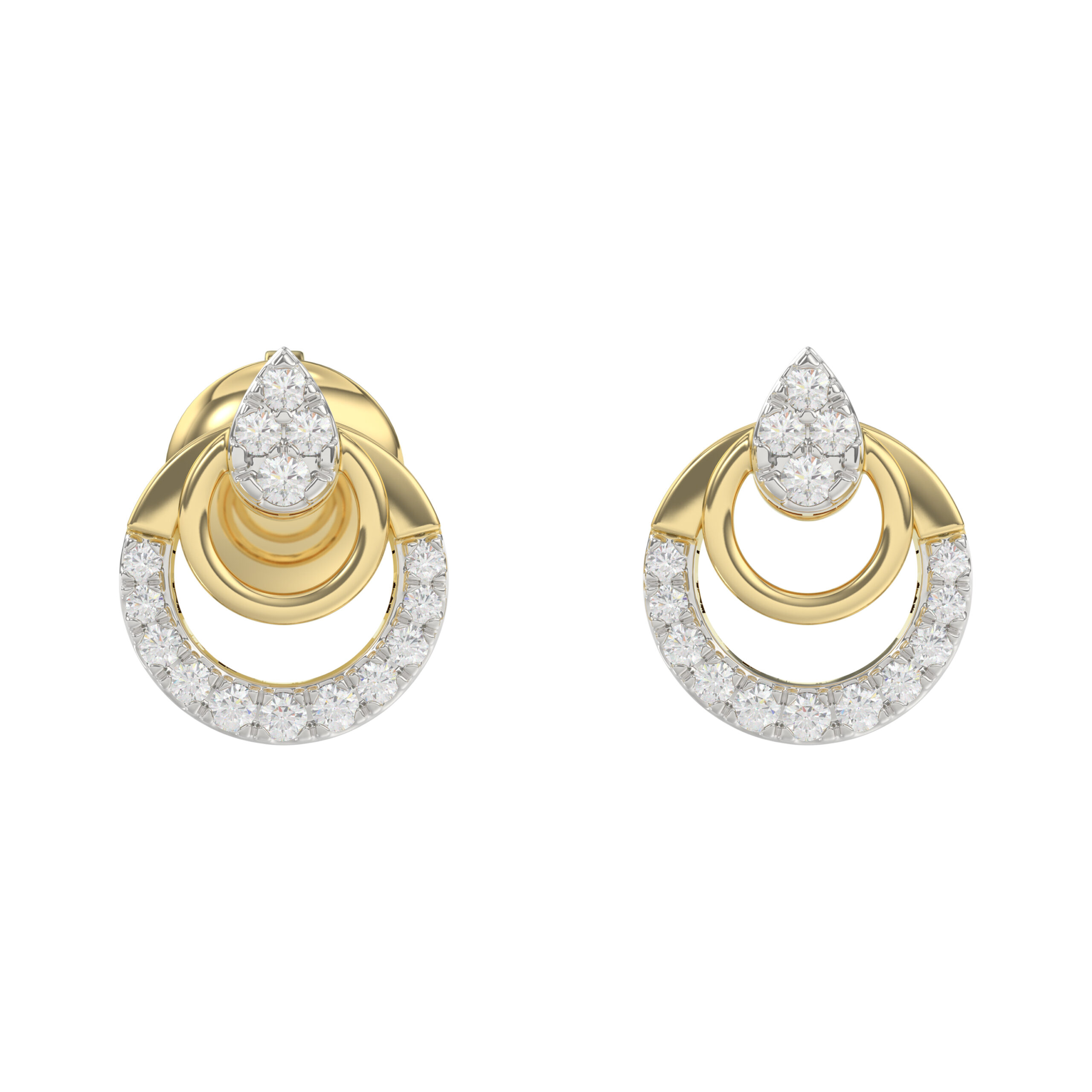 Stylish 10K Yellow Gold Ladies Diamond Earrings With Double Circle Design And 0.13 Ct Round Diamonds. A Timeless And Elegant Fashion Jewelry Piece - Image 1