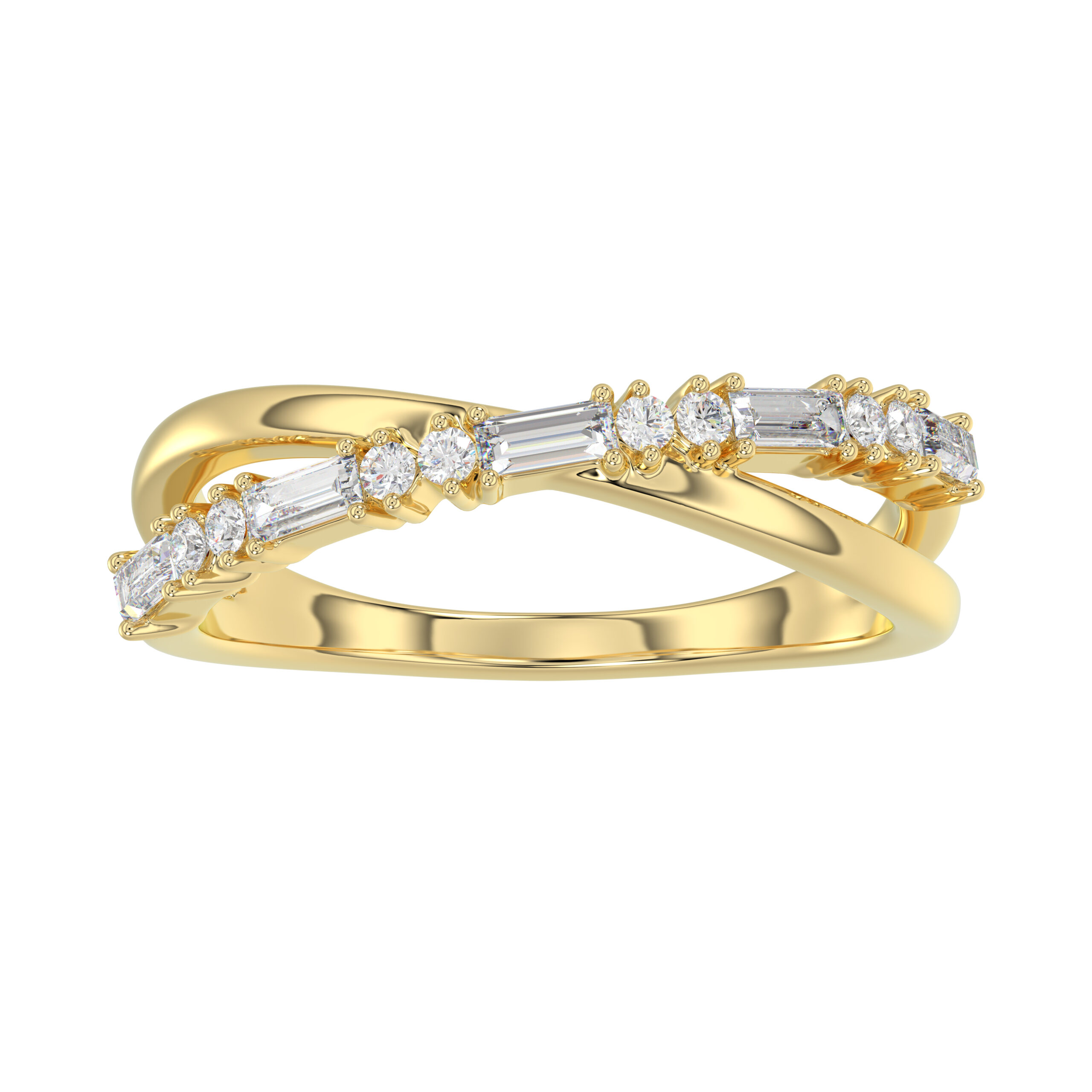Elegant 10K Yellow Gold Ladies Crossover Ring Featuring Alternating Round And Baguette Diamonds 0.20 Ct. A Modern Fine Jewelry Design For Women. - Image 1