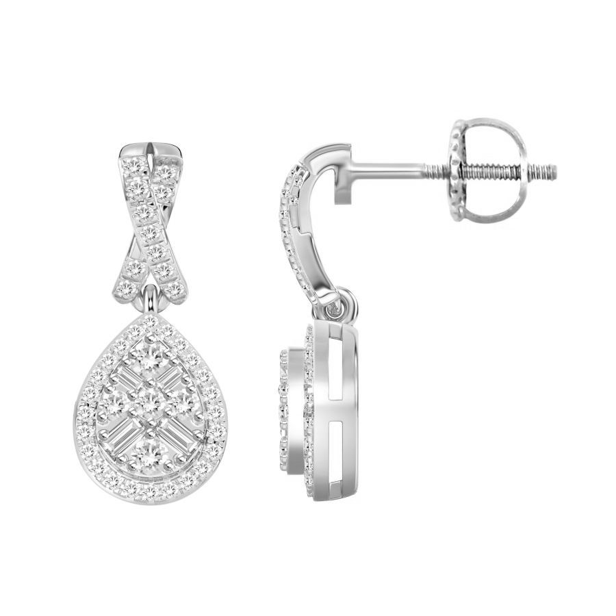 LADIES EARRINGS 0.30CT ROUND/BAGUETTE DIAMOND 10K WHITE GOLD - Image 1