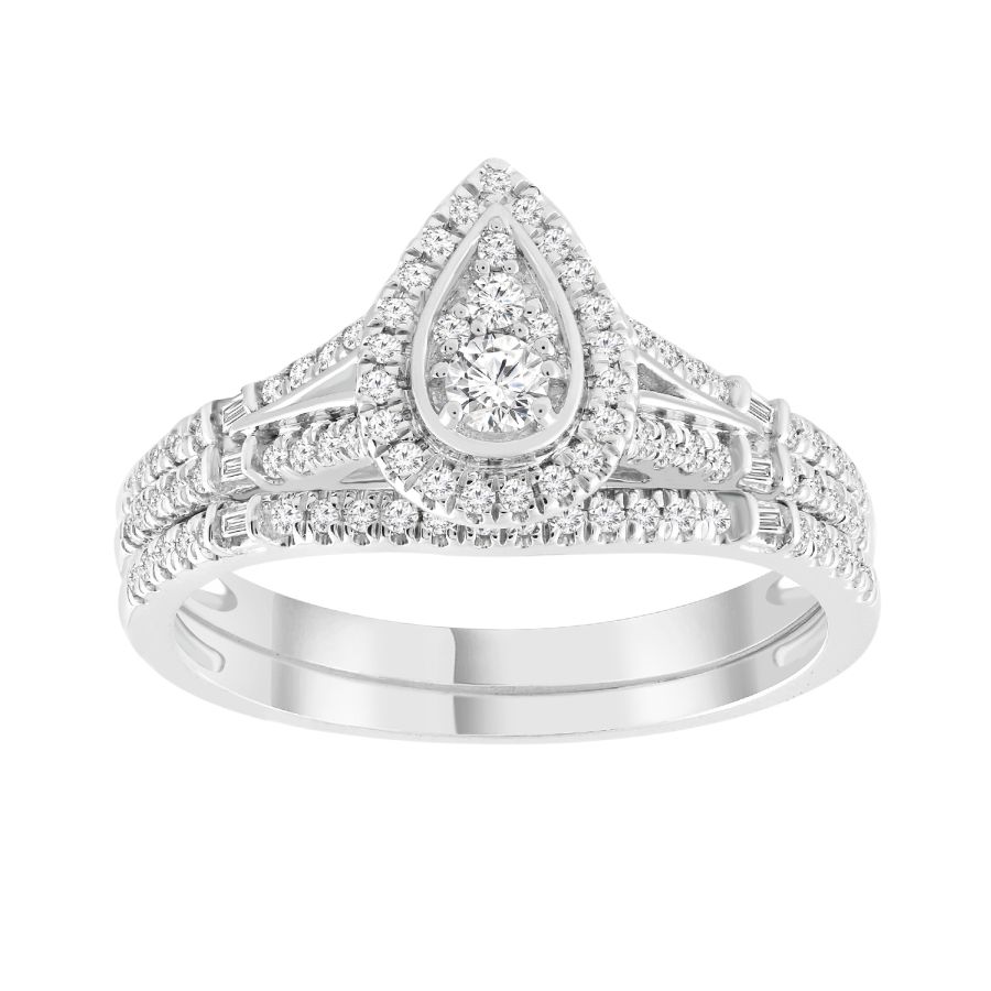 LADIES BRIDAL SET 0.50CT ROUND/BAGUETTE DIAMOND 10K WHITE GOLD - Image 1