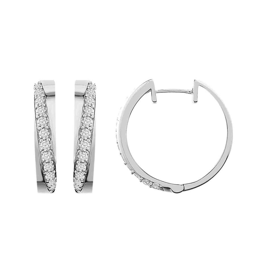 LADIES HOOP EARRINGS 1.00CT ROUND DIAMOND 10K WHITE GOLD - Image 1