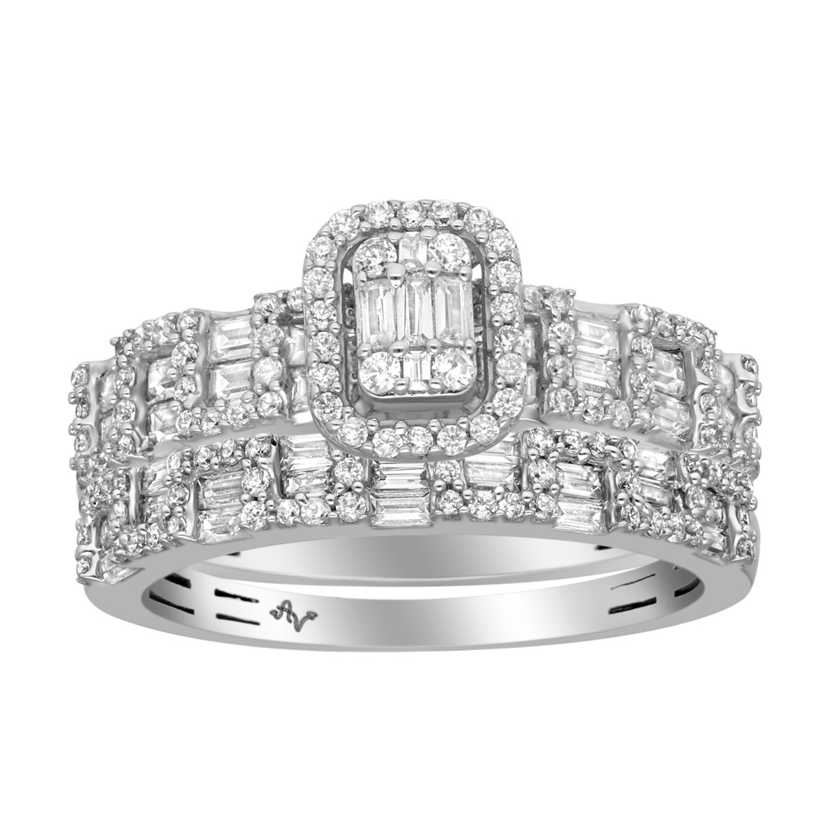 LADIES BRIDAL SET 1.00CT ROUND/BAGUETTE DIAMOND 14K WHITE GOLD - Image 1