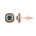 LADIES EARRINGS 1.00CT ROUND/DARK BROWN/BLUE DIAMOND 14K ROSE GOLD - Image 3