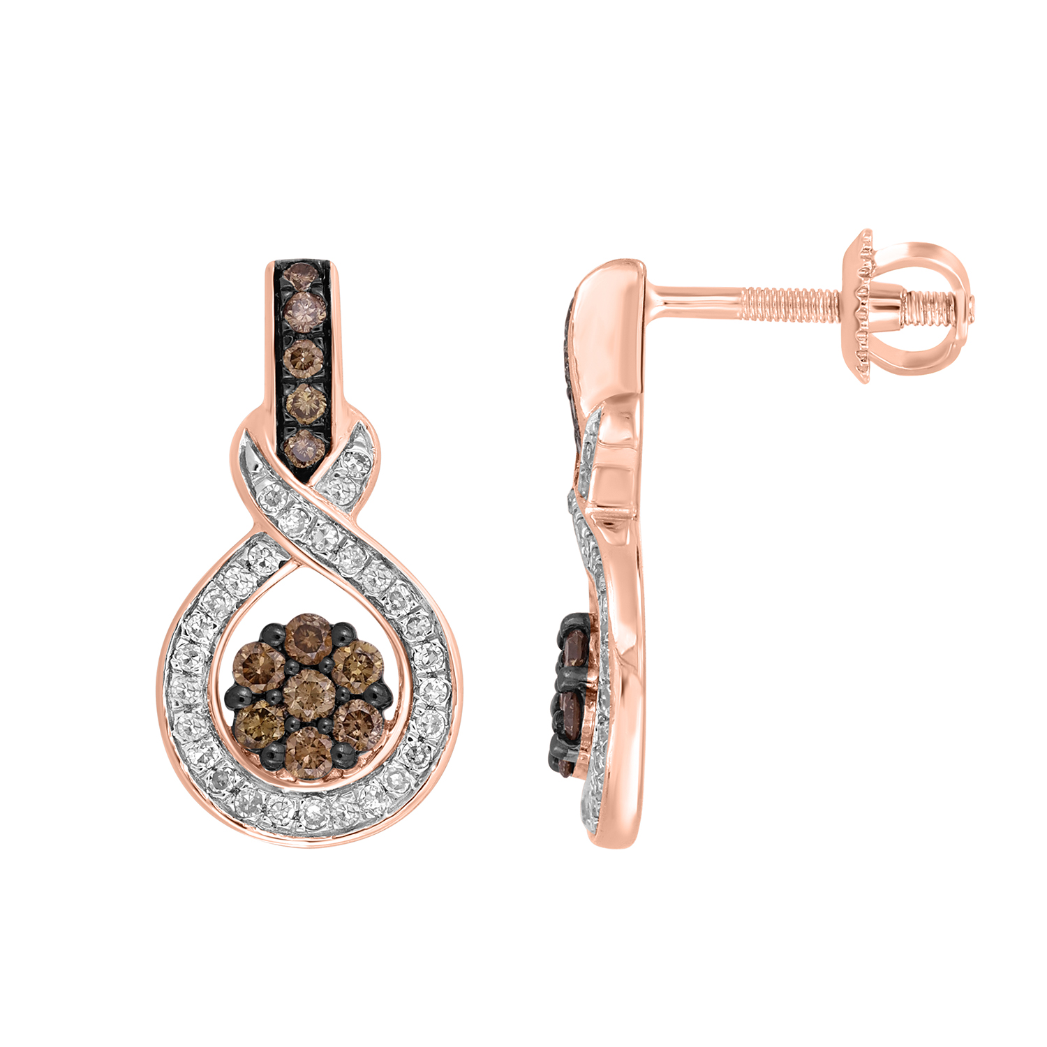 LADIES EARRINGS 0.50CT ROUND/DARK BROWN DIAMOND 14K ROSE GOLD - Image 1