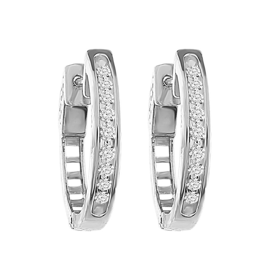 LADIES HOOP EARRINGS 0.25CT ROUND DIAMOND 14K WHITE GOLD - Image 1