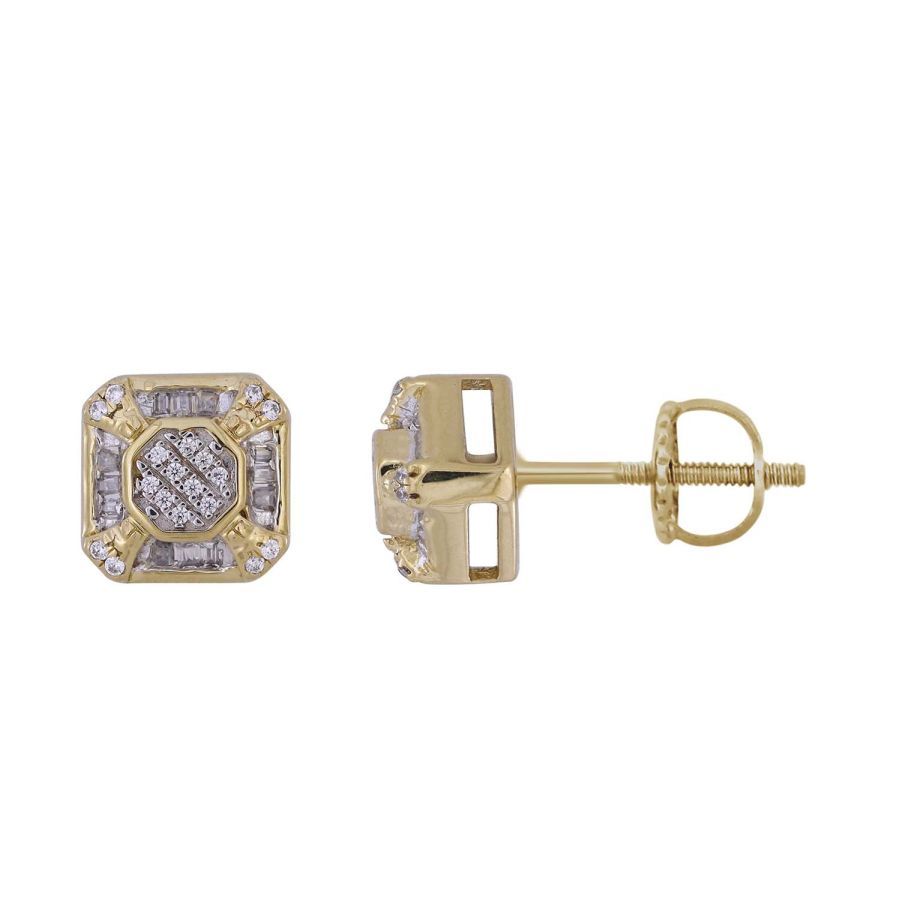 LADIES STUD EARRINGS 0.20CT ROUND/BAGUETTE DIAMOND 10K YELLOW GOLD - Image 1