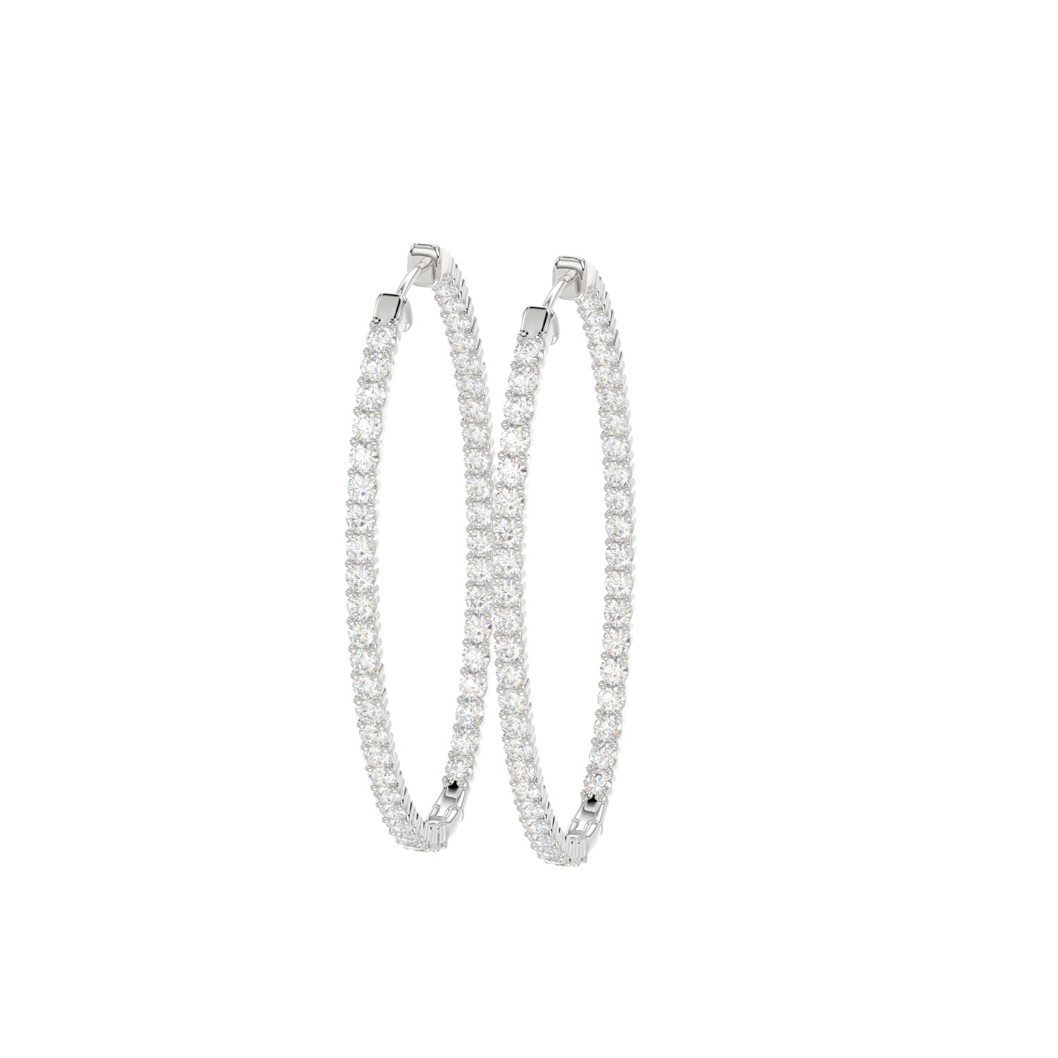 LADIES HOOPS EARRING 1.50CT ROUND DIAMOND 14K WHITE GOLD IN OUT - Image 1
