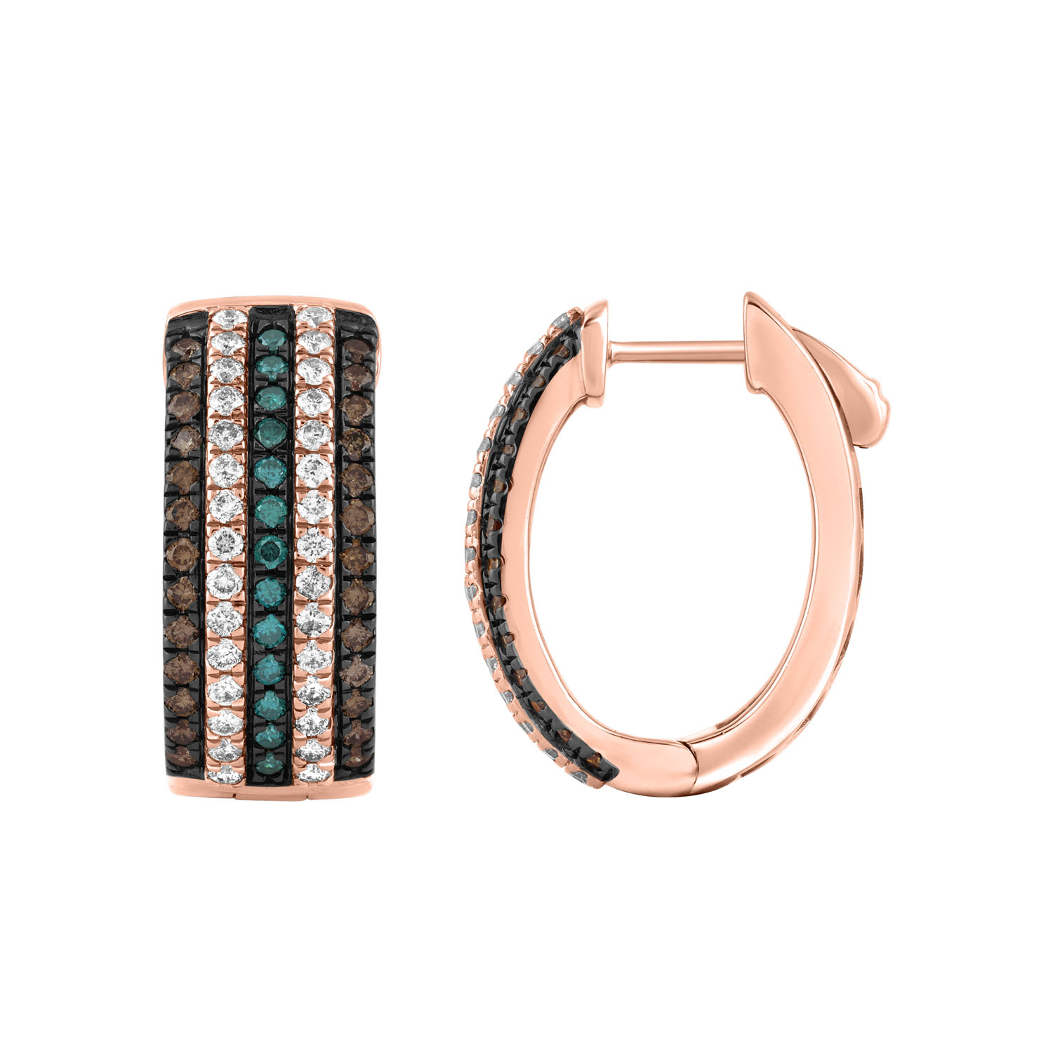 LADIES HOOPS EARRING 1.50CT BLUE/DARK BROWN ROUND DIAMOND 14K ROSE GOLD - Image 1