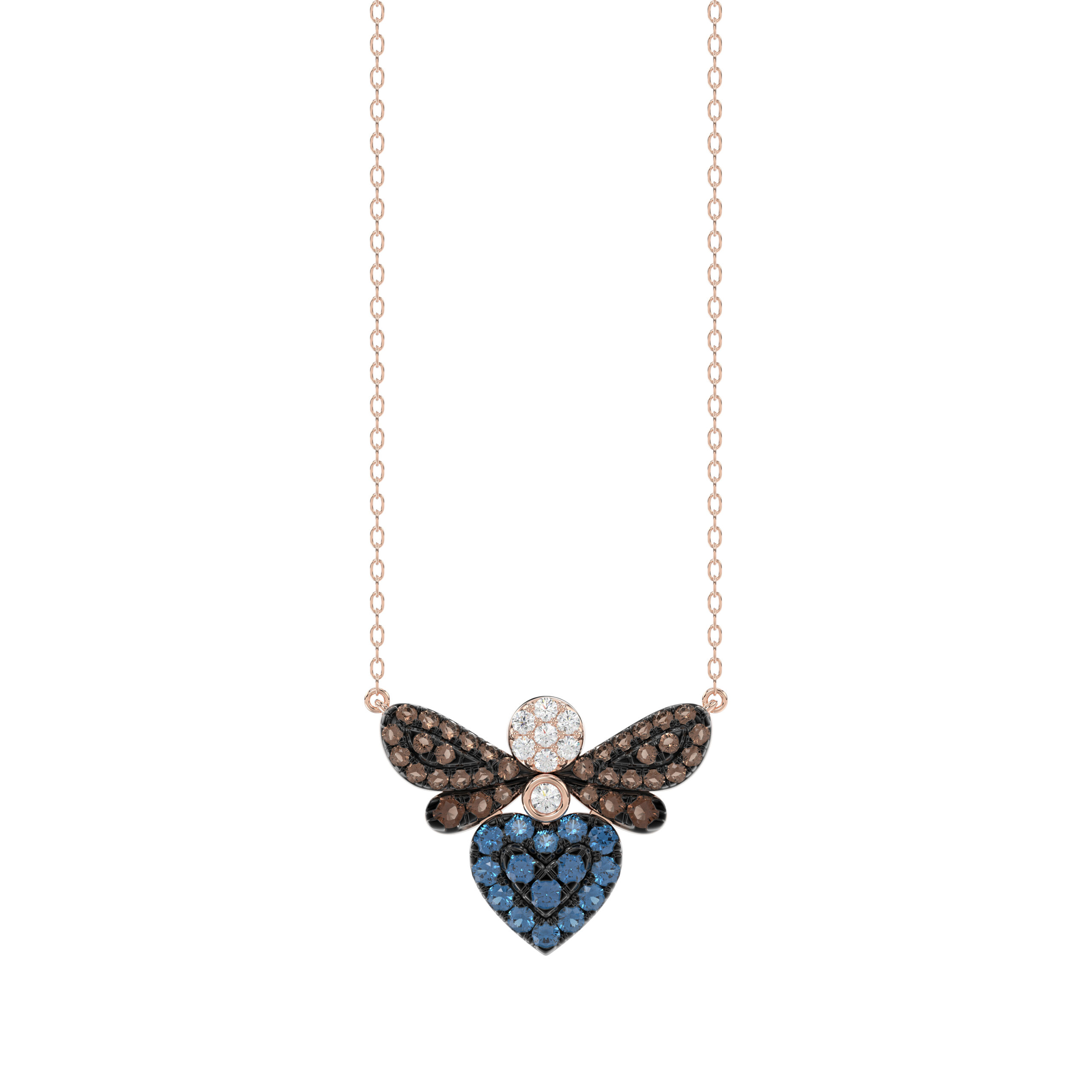 14K Rose Gold Ladies Butterfly Necklace With Colorful Diamond Accents In Blue, Dark Brown, And Round Cuts. A Stylish 0.33 Ct Jewelry Necklace - Image 1