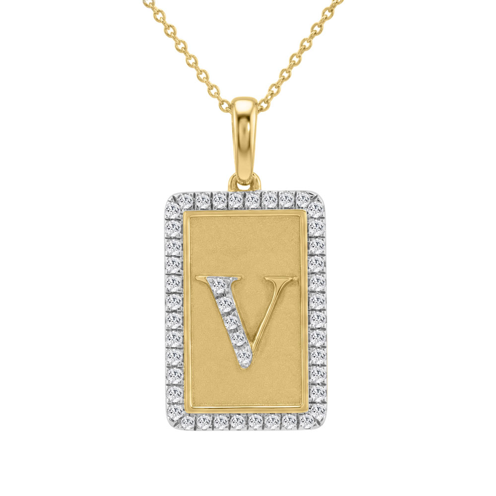 10K Yellow Gold letter 'V' Fashion Pendant With Chain - 0.20 CT Round Diamond Ladies Jewelry Gift - Image 1