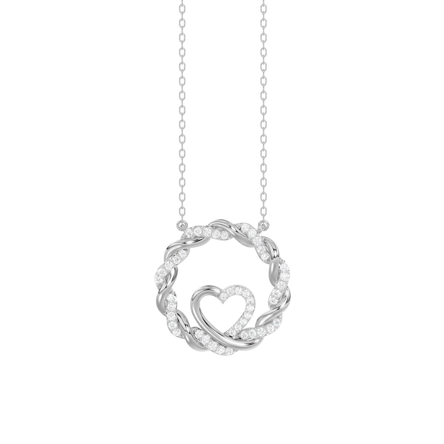 ELEGANCE’10K WHITE GOLD 0.15CT TWISTED CIRCLE HEART & LADIES PENDANT ROUND DIAMOND WITH CHAIN - Image 1