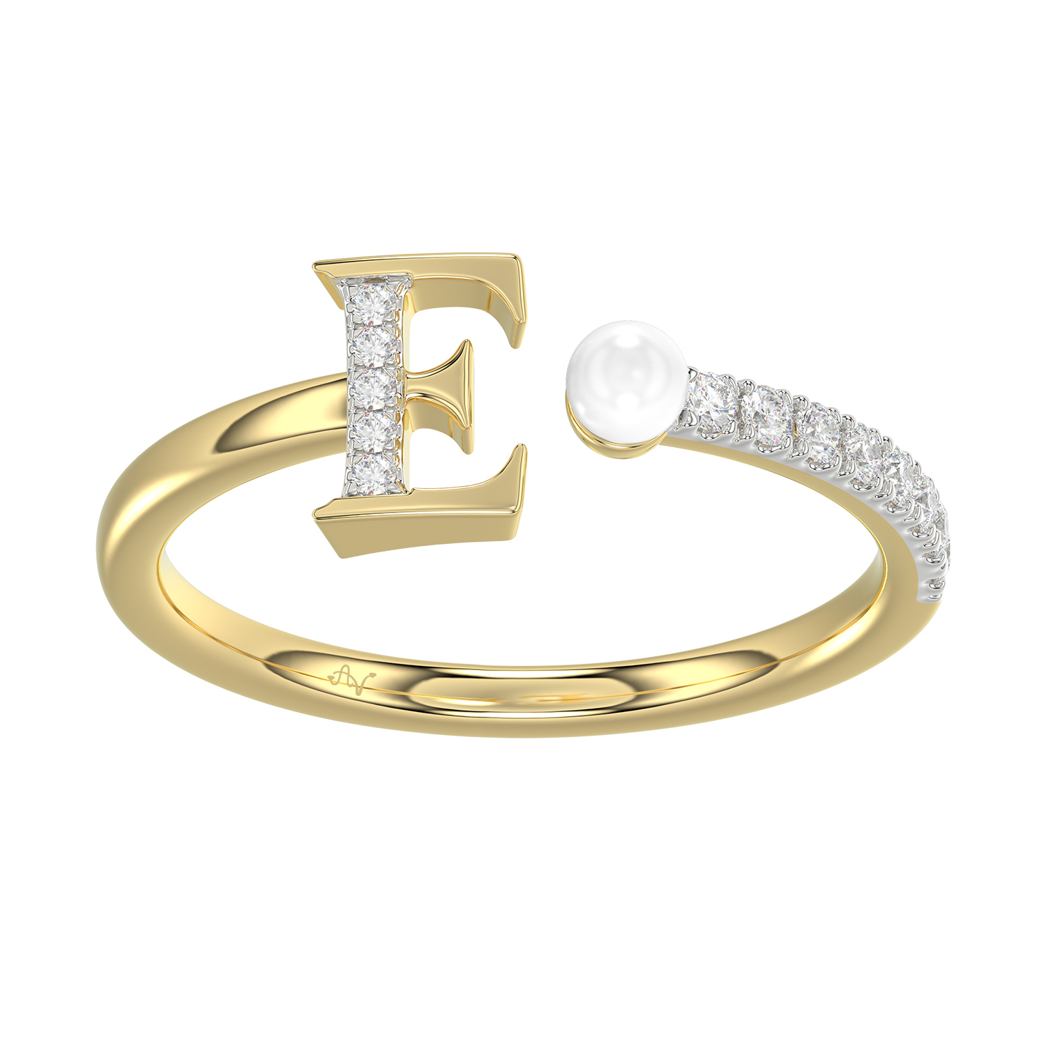 Women’S 10K Yellow Gold Letter ’E’ Diamond & Pearl Ring 0.10Ct Round Diamond Fine Jewelry - Image 1