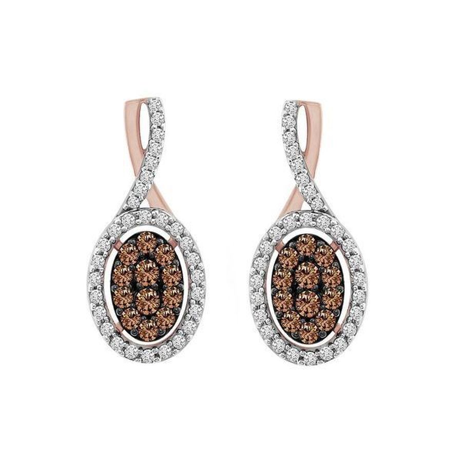 LADIES EARRINGS 0.75CT ROUND DARK BROWN DIAMOND 10K ROSE GOLD - Image 1