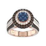 14K Rose Gold Multi Color Diamond Halo Ring 1.50Ct Blue, Dark Brown & Round Diamond Ladies Ring